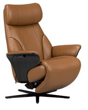 Brauner Relaxsessel aus Leder mit schwarzem Drehfuß, seitliche Perspektive
