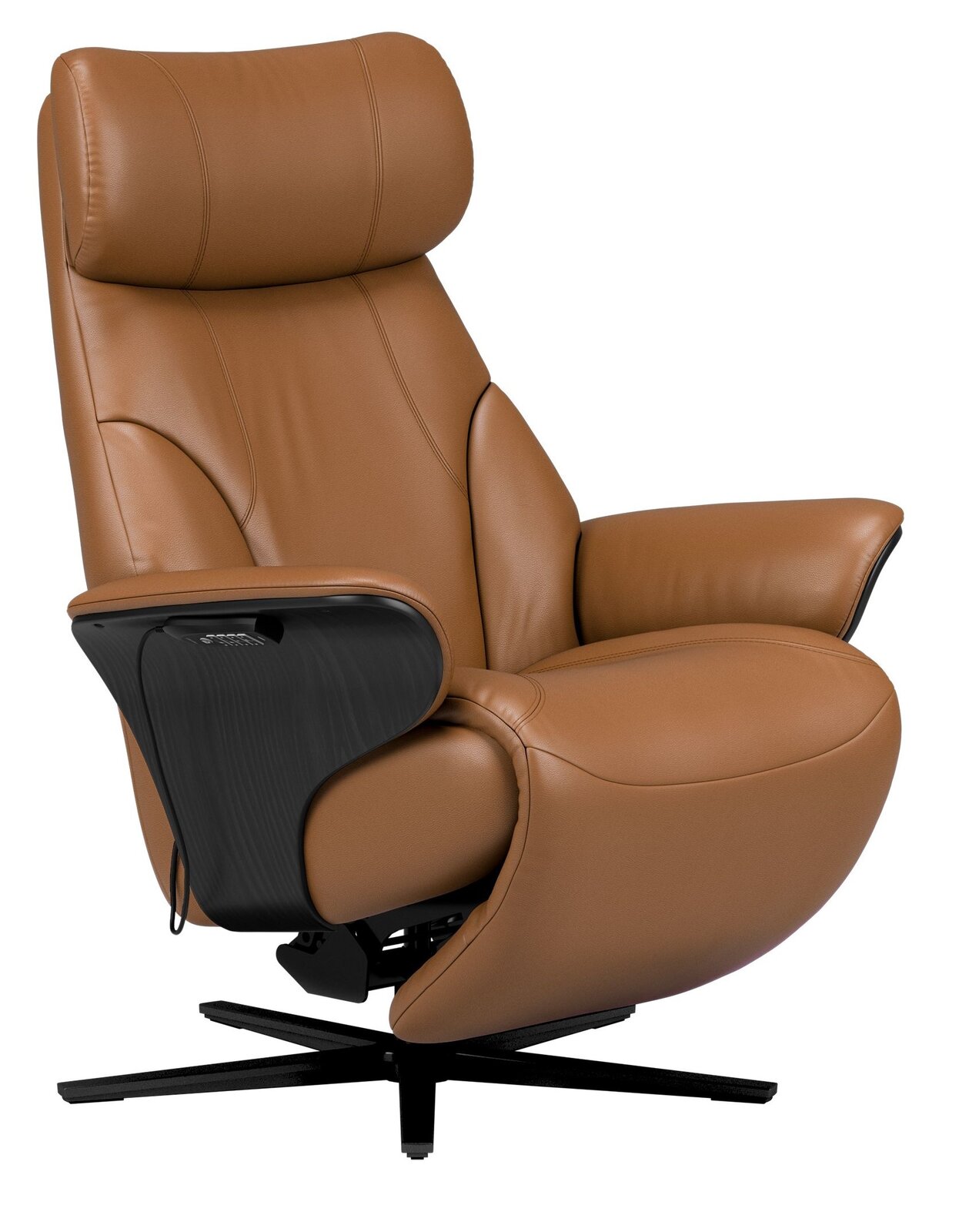 Brauner Relaxsessel aus Leder mit schwarzem Drehfuß, seitliche Perspektive