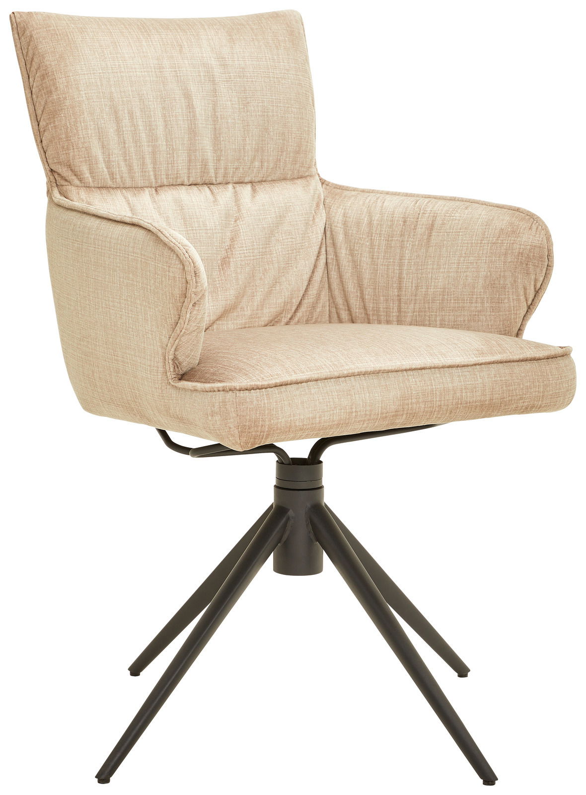 Beiger Armlehnstuhl mit gepolstertem Sitz und Rückenlehne, schwarzes Metallgestell, seitliche Perspektive