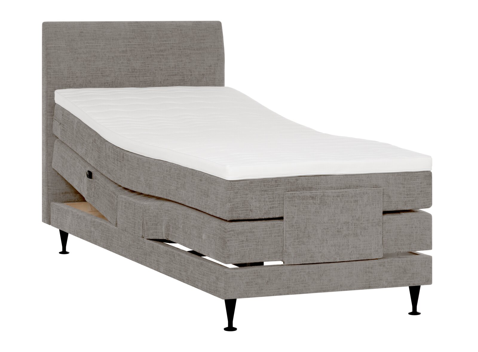 Verstelbaar eenpersoonsbed in grijsbeige stof met hoog hoofdbord, wit matras en zwarte poten, schuin van voren weergegeven met verhoogd hoofd- en voeteneinde.