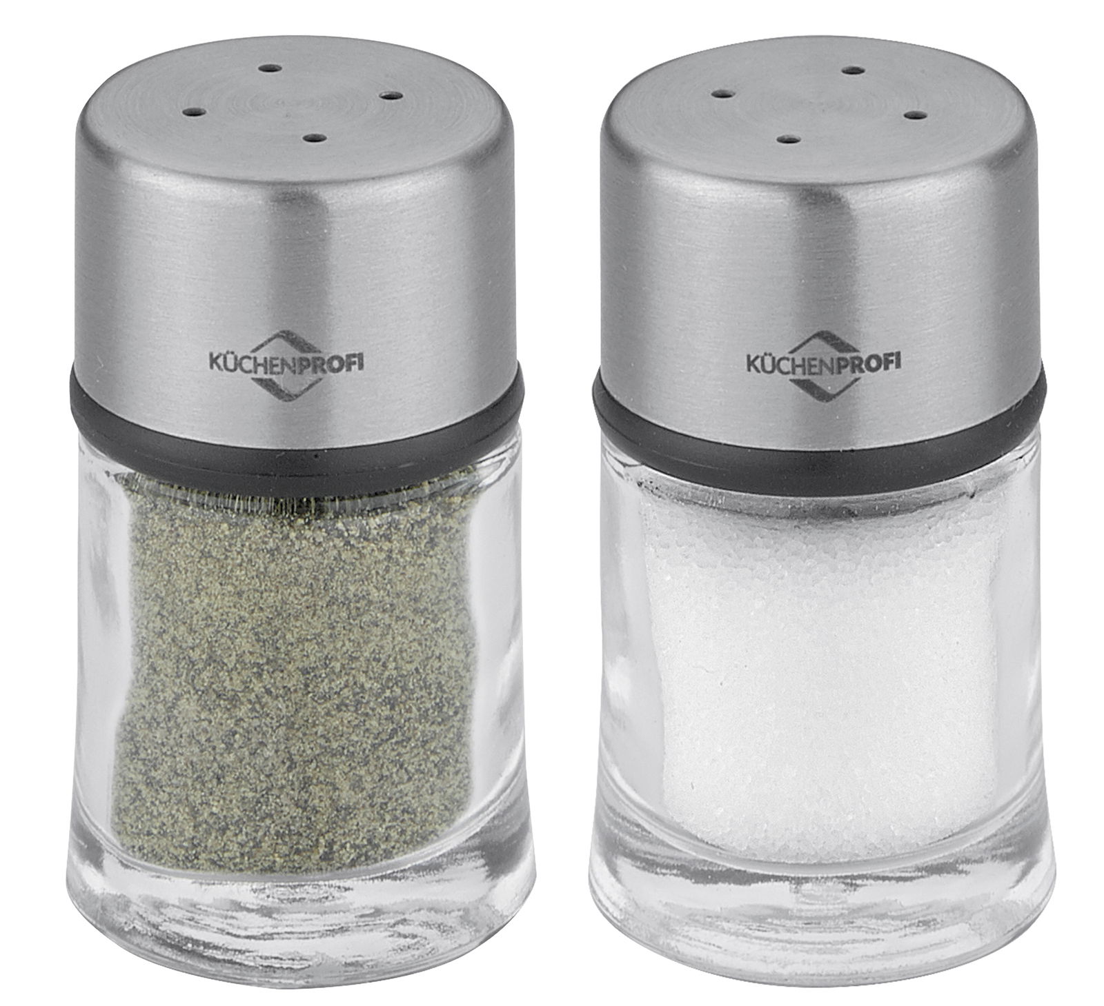 KÜCHENPROFI Pfeffer-/Salzstreuer Zwei Küchensalz- und Pfefferstreuer aus Glas mit Edelstahlkappen, Vorderansicht