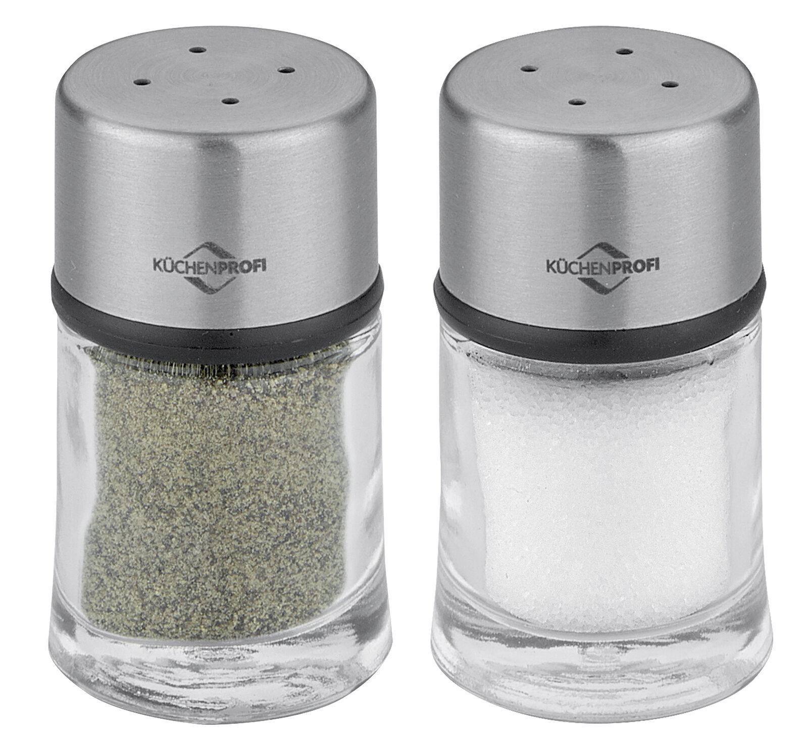 Zwei Küchensalz- und Pfefferstreuer aus Glas mit Edelstahlkappen, Vorderansicht