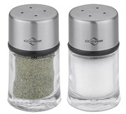 Zwei Küchensalz- und Pfefferstreuer aus Glas mit Edelstahlkappen, Vorderansicht