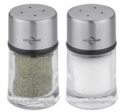 Zwei Küchensalz- und Pfefferstreuer aus Glas mit Edelstahlkappen, Vorderansicht