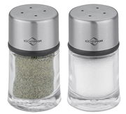 Zwei Küchensalz- und Pfefferstreuer aus Glas mit Edelstahlkappen, Vorderansicht