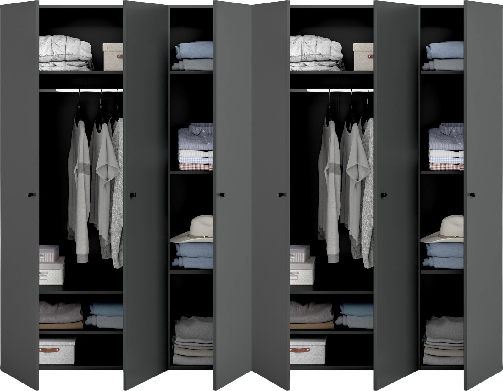 Offener, dunkelgrauer Kleiderschrank mit mehreren Türen und schwarzem Innenraum, mit Kleiderstangen, Regalböden und gefalteter Kleidung sowie Aufbewahrungsboxen, Frontansicht.