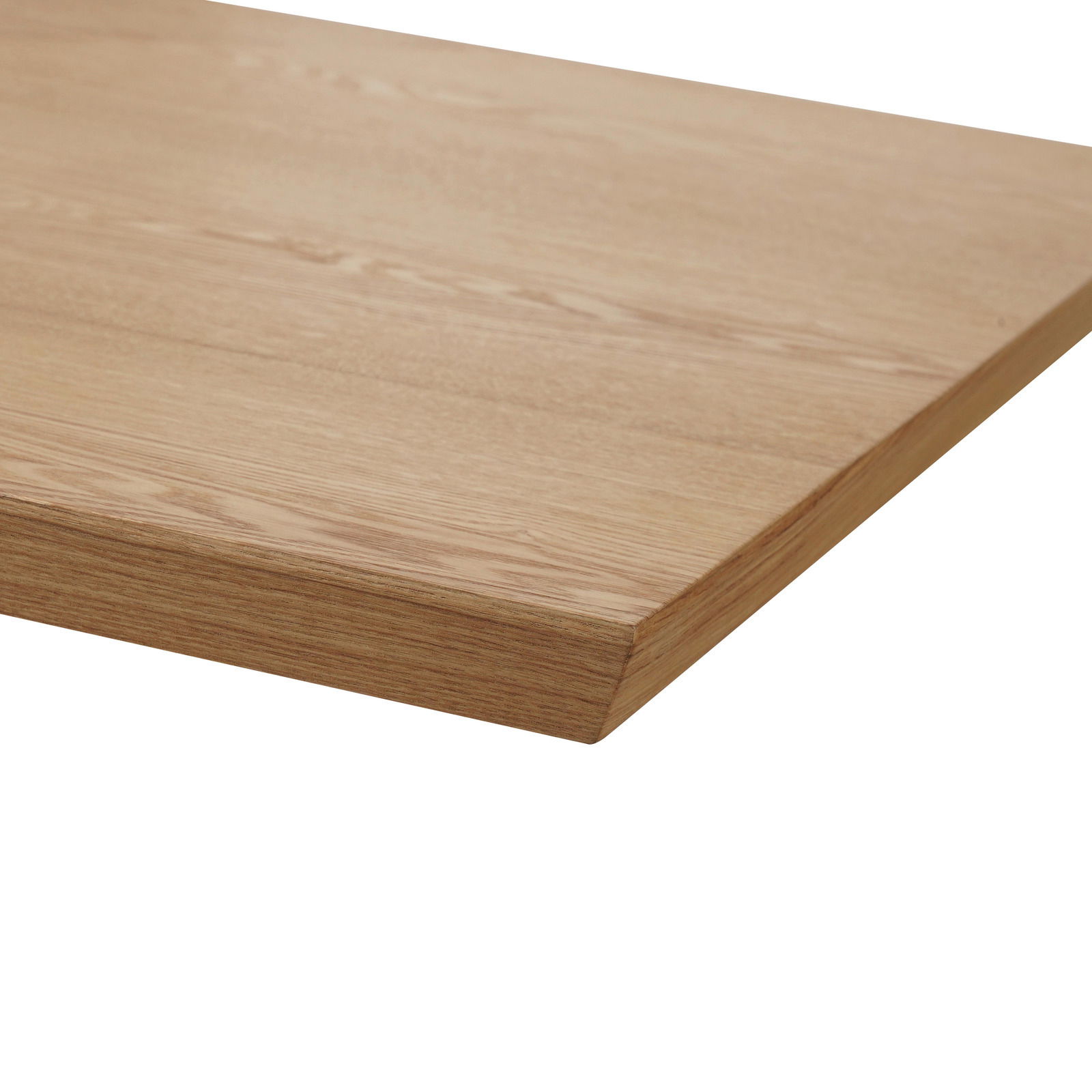 Nahaufnahme einer Tischplatte aus Holz mit natürlicher Maserung, perspektivisch von der Seite aufgenommen.