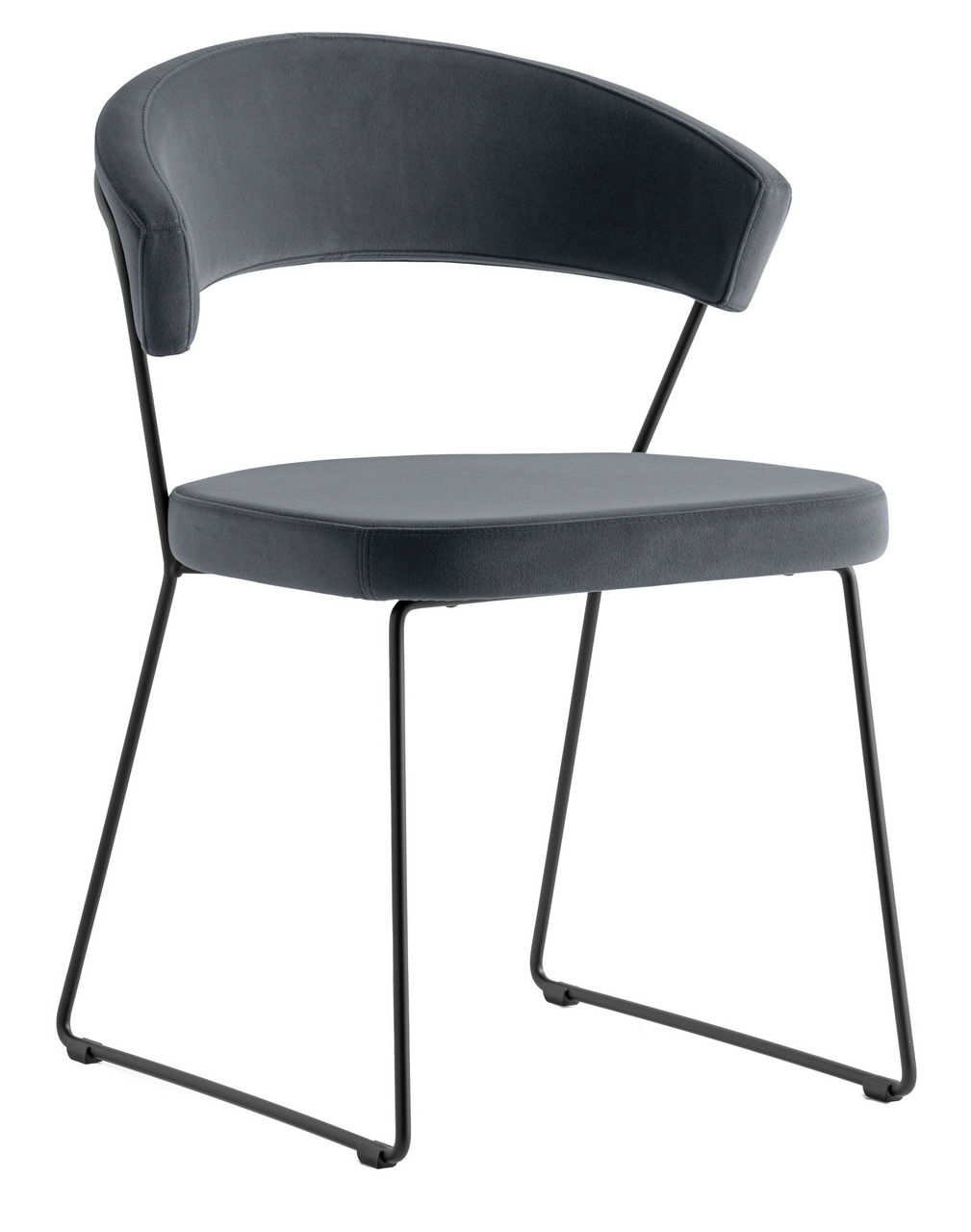 Moderner Stuhl mit schwarzem Metallgestell und gepolsterter Rückenlehne, seitliche Perspektive