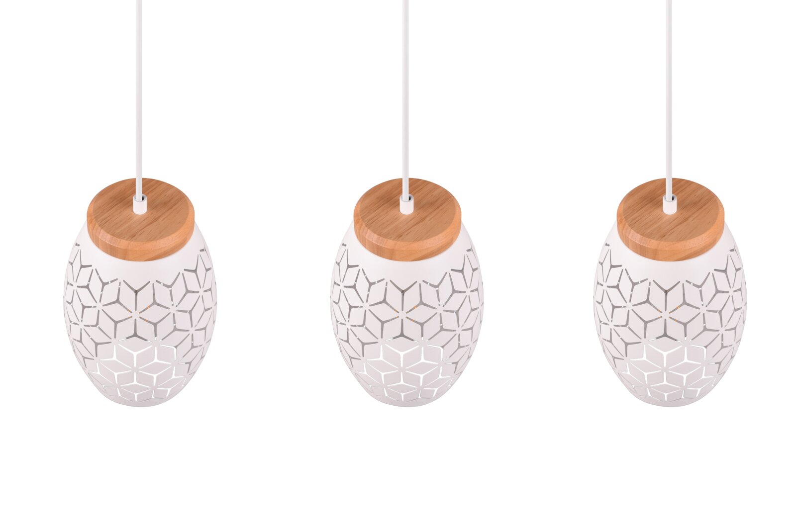 Drei moderne Pendelleuchten mit geometrischem Muster und Holzdetails, aus der Vogelperspektive betrachtet.