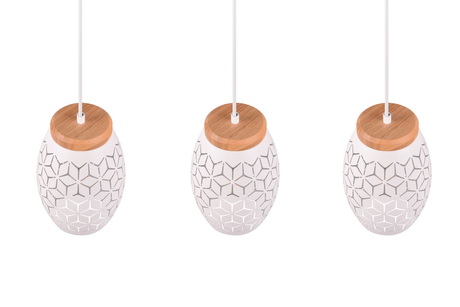 Drei moderne Pendelleuchten mit geometrischem Muster und Holzdetails, aus der Vogelperspektive betrachtet.