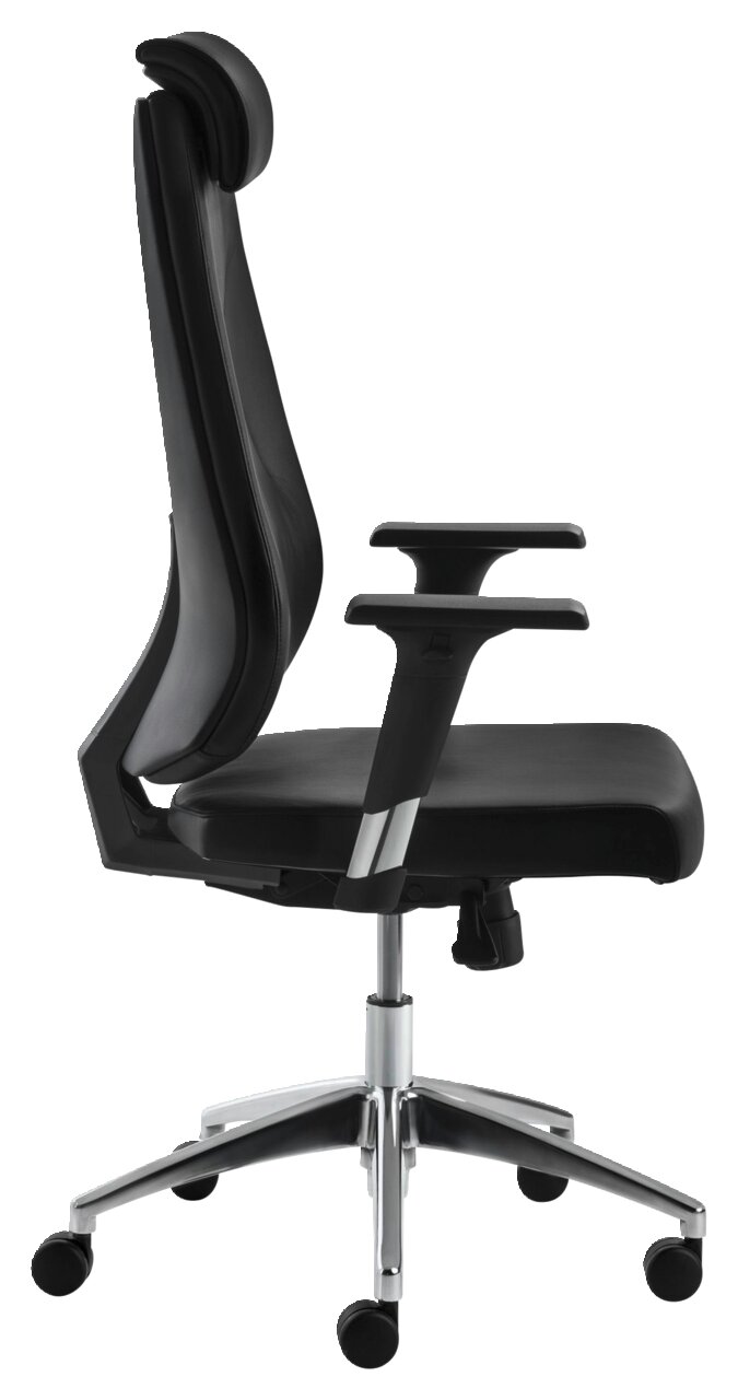 Seitliche Ansicht eines schwarzen Chefsessels mit verstellbaren Armlehnen und Kopfstütze auf einem fünfarmigen Rollfuß.