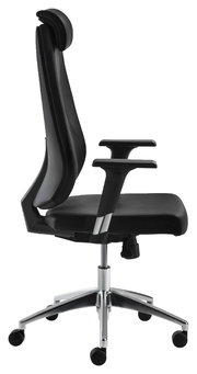 Seitliche Ansicht eines schwarzen Chefsessels mit verstellbaren Armlehnen und Kopfstütze auf einem fünfarmigen Rollfuß.