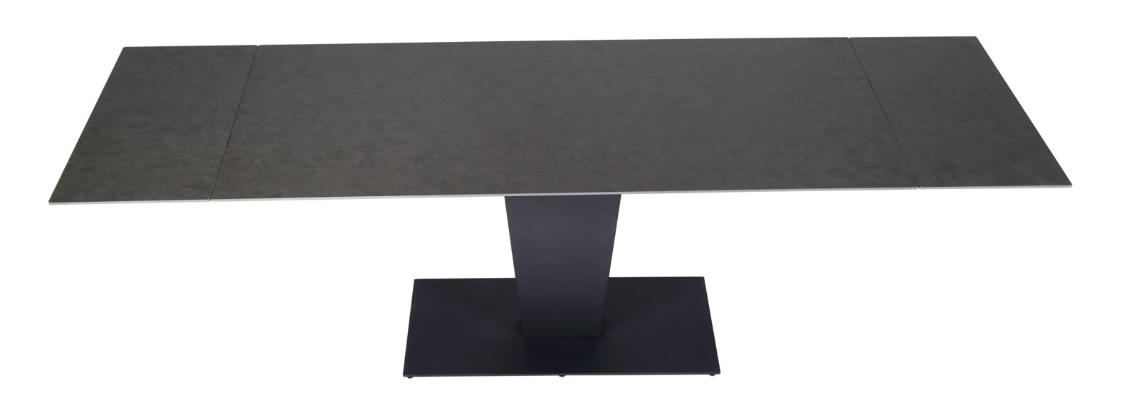 Moderne eettafel met donker tafelblad en centrale poot, gezien van bovenaf