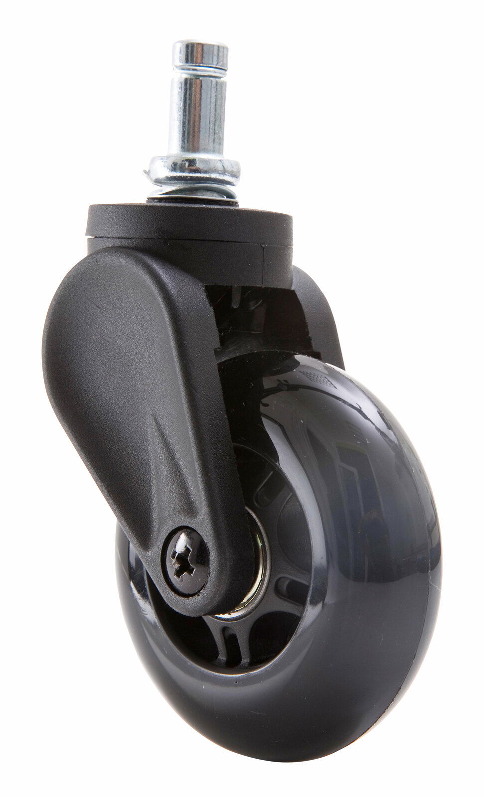 DX Racer Hartbodenrollen-Set Nahaufnahme einer schwarzen Hartbodenrolle mit Metallstift, seitliche Perspektive