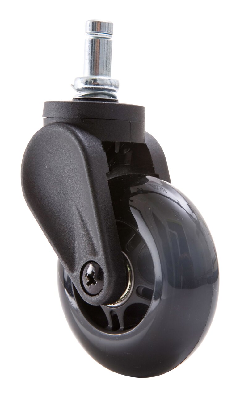 DX Racer Hartbodenrollen-Set Nahaufnahme einer schwarzen Hartbodenrolle mit Metallstift, seitliche Perspektive