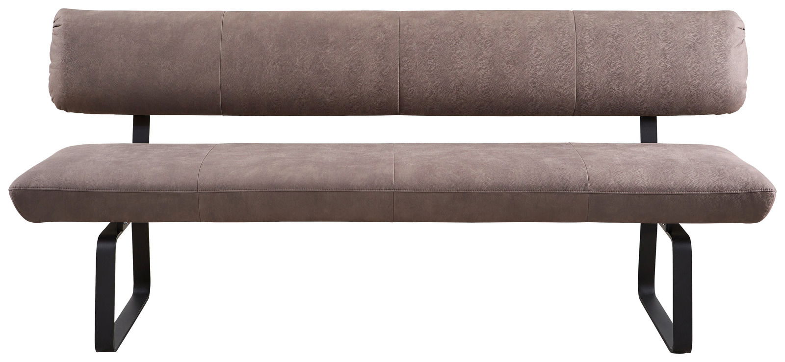 Moderne Sitzbank 200cm in braunem Stoff mit schwarzem Metallgestell, Frontalansicht