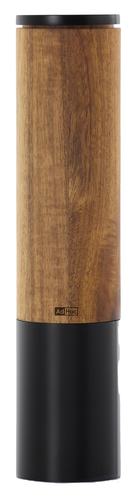 Elektrische Pfeffer- oder Salzmühle aus Holz und schwarzem Material, frontal abgebildet.