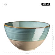 Keramikschale in Blau mit beigefarbenem Fuß, 600 ml Fassungsvermögen, ca. 15 cm Durchmesser und 8,2 cm Höhe, Produktansicht leicht von oben auf weißem Hintergrund