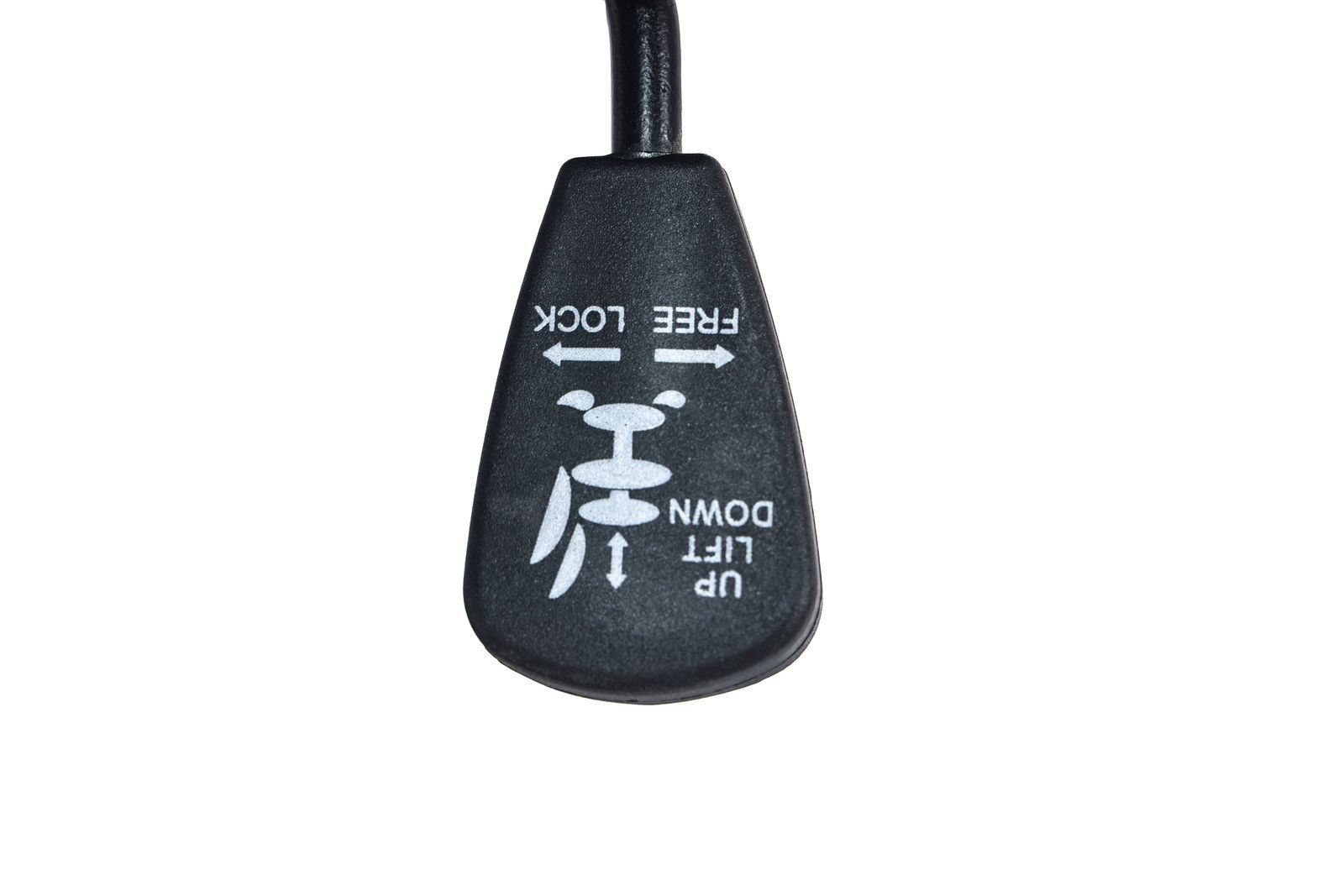 Nahaufnahme eines Hebels an einem Drehstuhl mit Beschriftungen für Höhenverstellung und Arretierung.