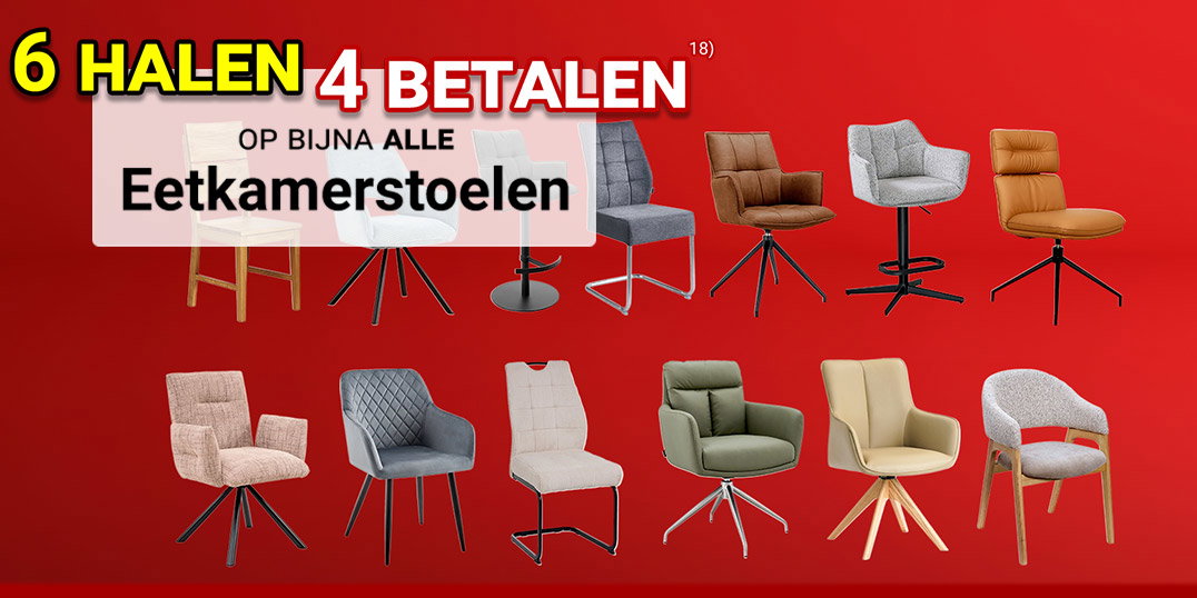 Rode achtergrond met twaalf verschillende stoelen en de tekst ‘NEEM 6, BETAAL 4’.