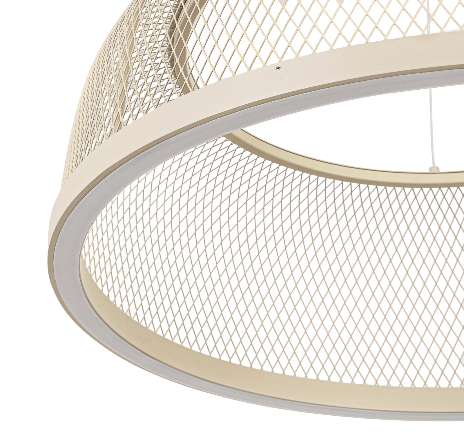 Nahaufnahme einer modernen LED-Hängeleuchte mit einem eleganten, gitterartigen Design in seitlicher Perspektive.