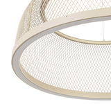 Nahaufnahme einer modernen LED-Hängeleuchte mit einem eleganten, gitterartigen Design in seitlicher Perspektive.