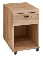 Houten rolcontainer met een lade en een open opbergvak, op wieltjes, vooraanzicht vanuit een lichte zijdelingse hoek