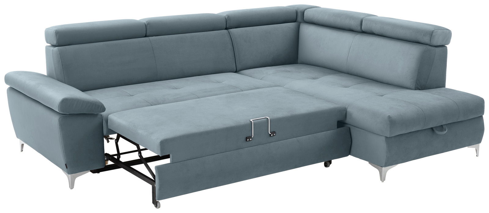 Ecksofa in hellblauem Stoff mit ausziehbarer Schlaffunktion, Perspektive von vorne links