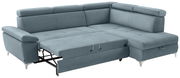 Ecksofa in hellblauem Stoff mit ausziehbarer Schlaffunktion, Perspektive von vorne links