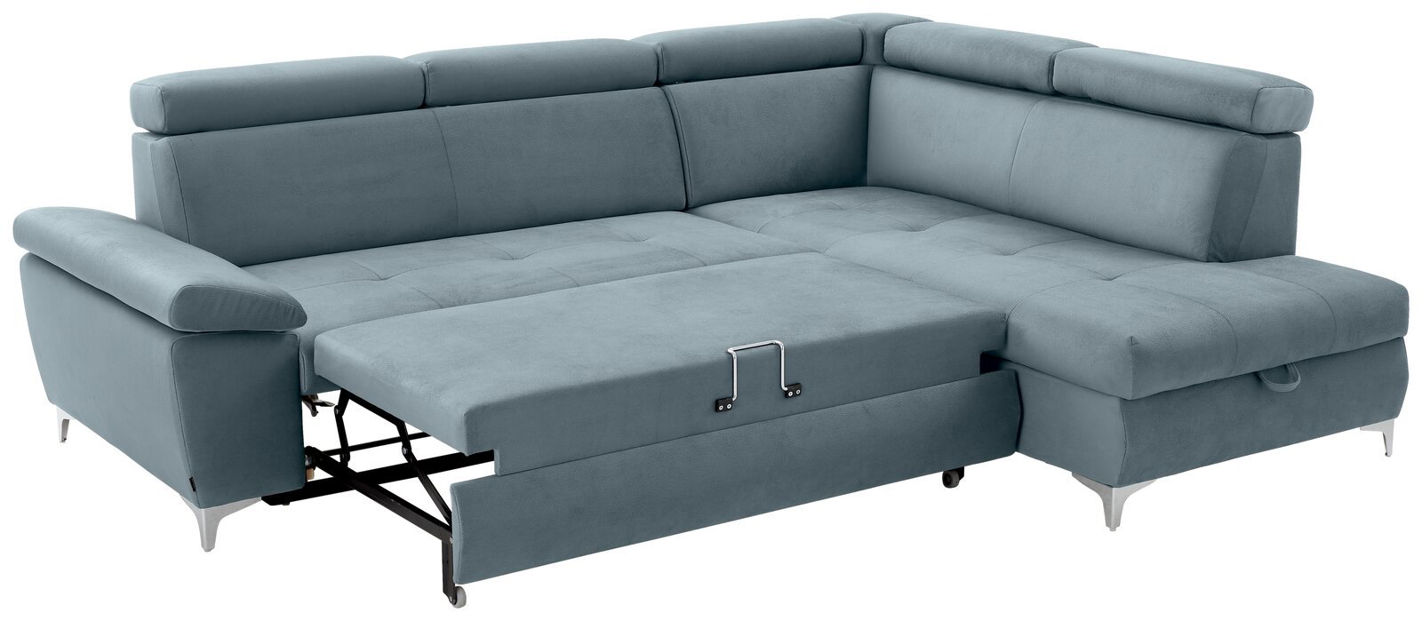 Ecksofa in hellblauem Stoff mit ausziehbarer Schlaffunktion, Perspektive von vorne links