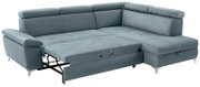 Ecksofa in hellblauem Stoff mit ausziehbarer Schlaffunktion, Perspektive von vorne links