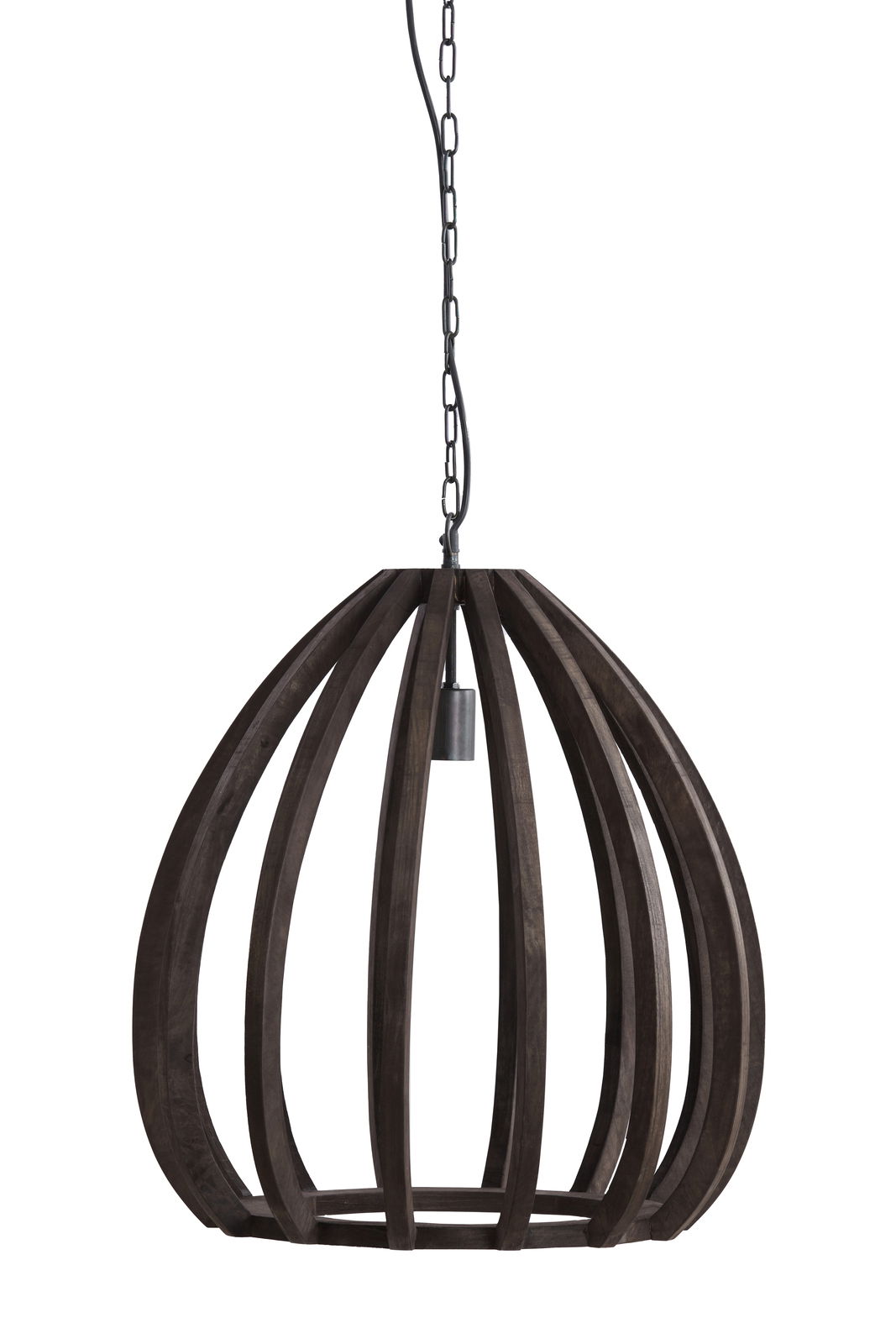 Hängeleuchte BARSIA aus dunklem Holz mit einem offenen, kuppelförmigen Design, von der Seite betrachtet.