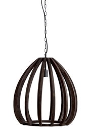 Hängeleuchte BARSIA aus dunklem Holz mit einem offenen, kuppelförmigen Design, von der Seite betrachtet.