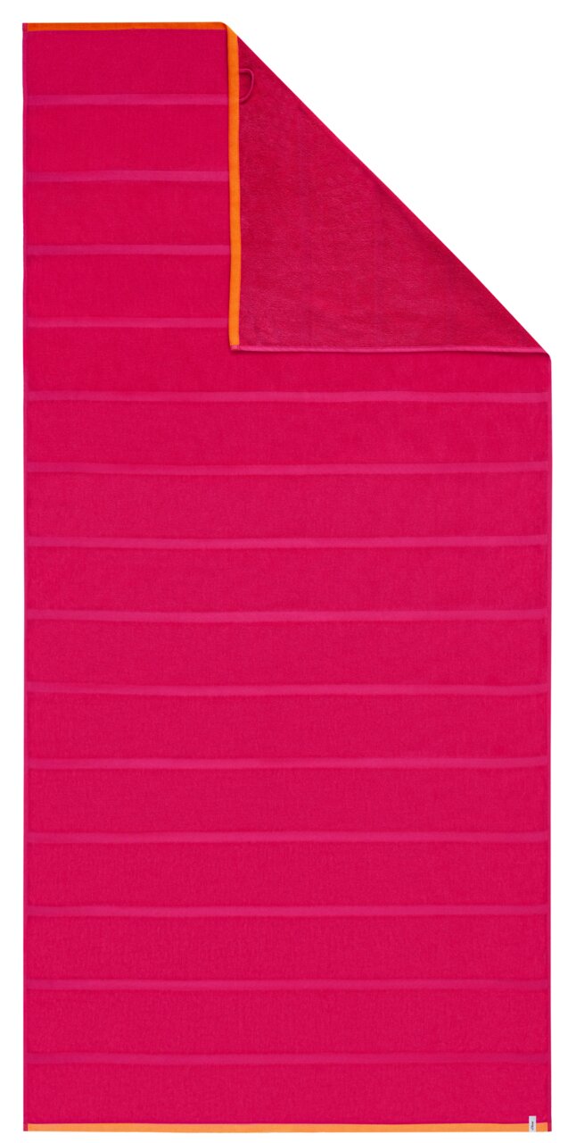 Rotes Strandtuch mit orangefarbenem Rand, flach ausgebreitet, Vorderansicht