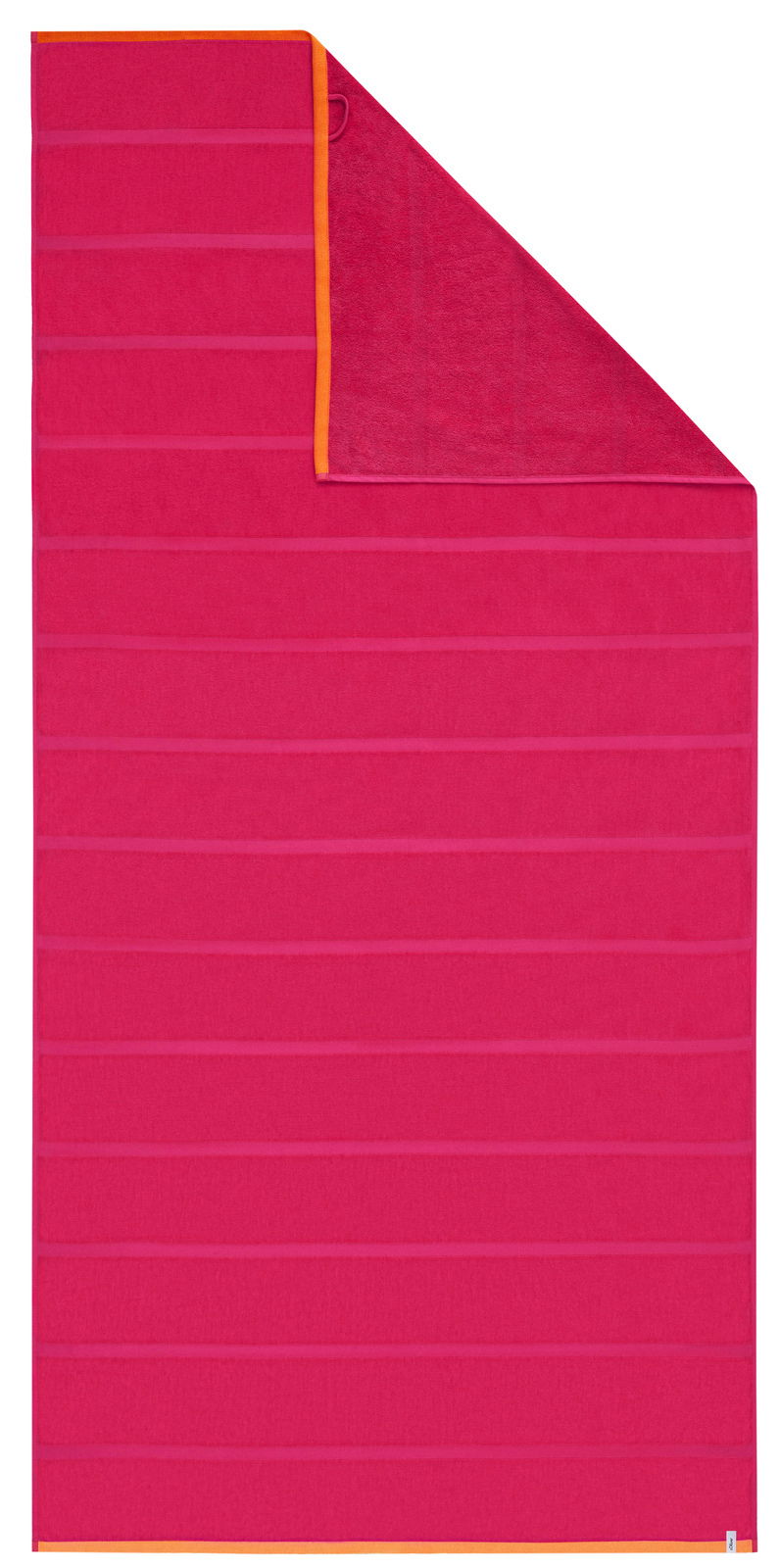 Rotes Strandtuch mit orangefarbenem Rand, flach ausgebreitet, Vorderansicht