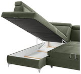 Grüne Rundecke mit geöffneter Stauraumfunktion, seitliche Perspektive