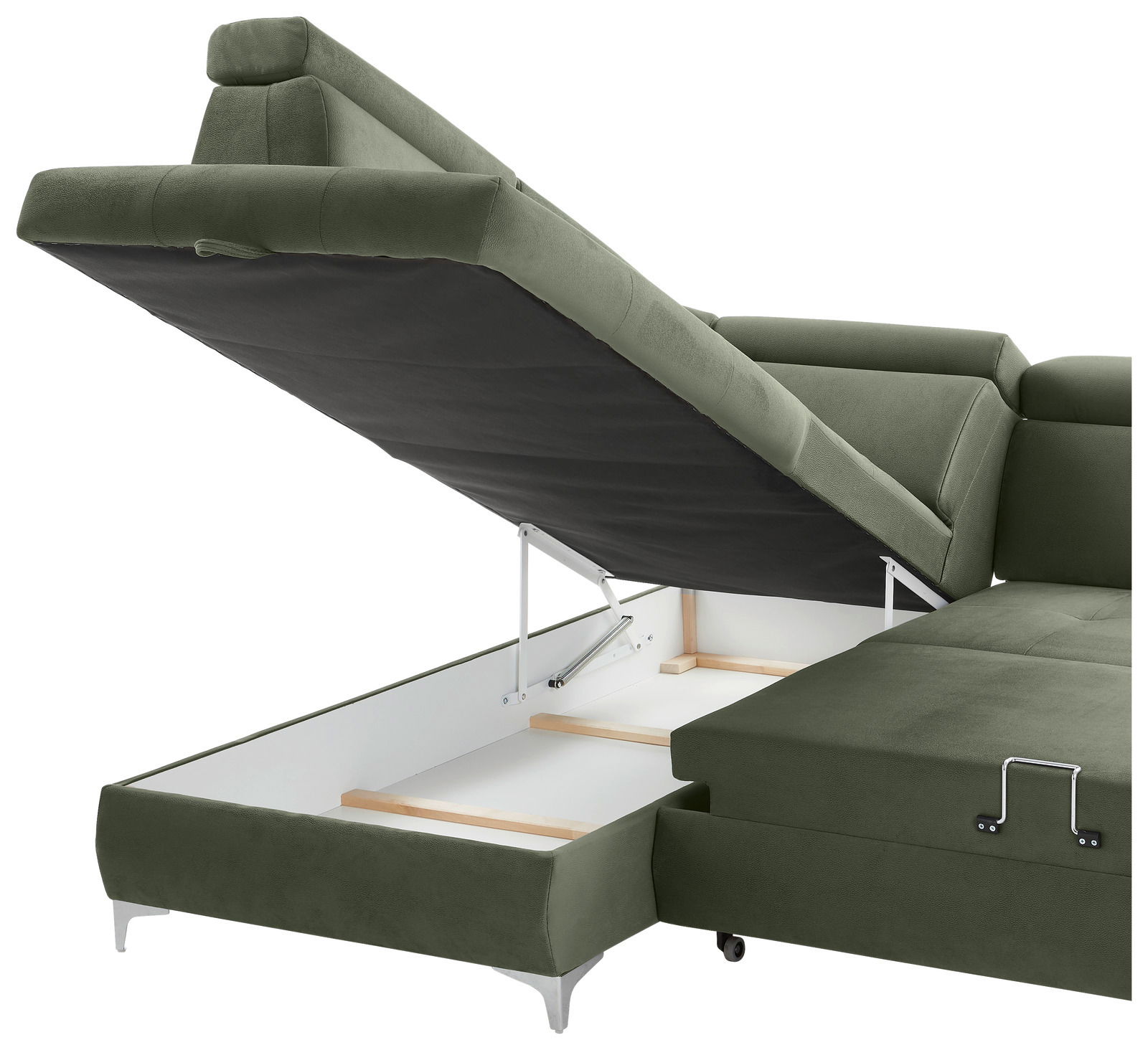 Grüne Rundecke mit geöffneter Stauraumfunktion, seitliche Perspektive