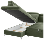 Grüne Rundecke mit geöffneter Stauraumfunktion, seitliche Perspektive