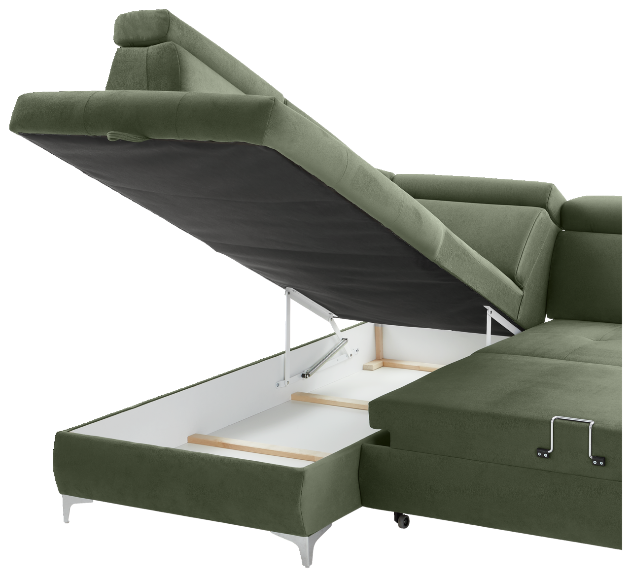 Grüne Rundecke mit geöffneter Stauraumfunktion, seitliche Perspektive