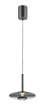Moderne Pendelleuchte PURE Vitrum in Seitenansicht mit elegantem, rundem Glasschirm und schlankem, metallischem Aufhängungselement.
