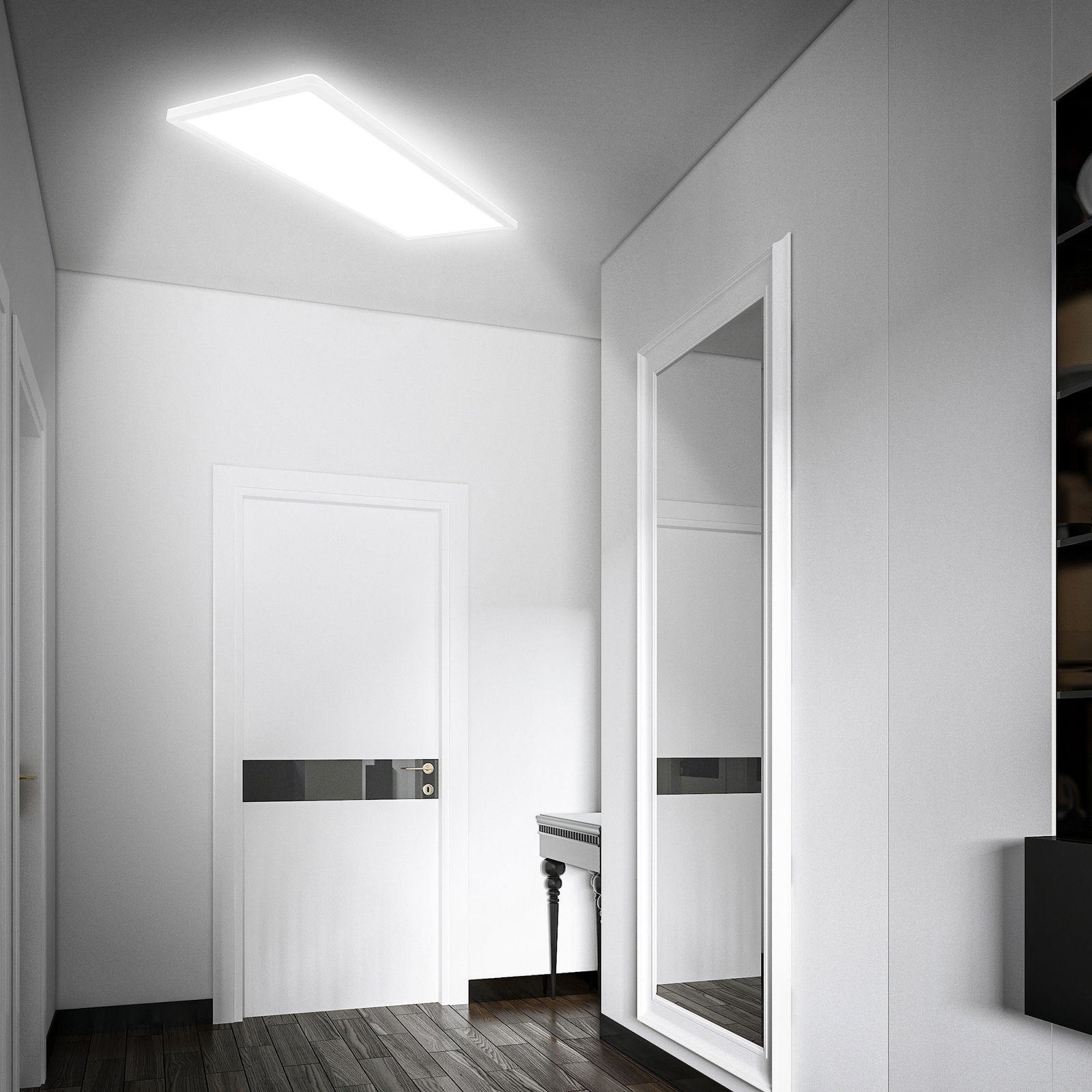 LED-Deckenleuchte mit Bewegungssensor in einem modernen Flur, von unten betrachtet.