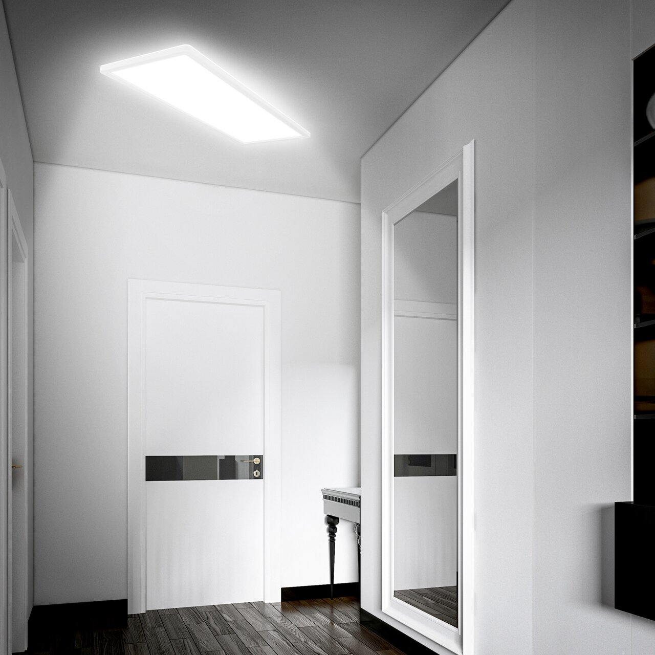 LED-Deckenleuchte mit Bewegungssensor in einem modernen Flur, von unten betrachtet.