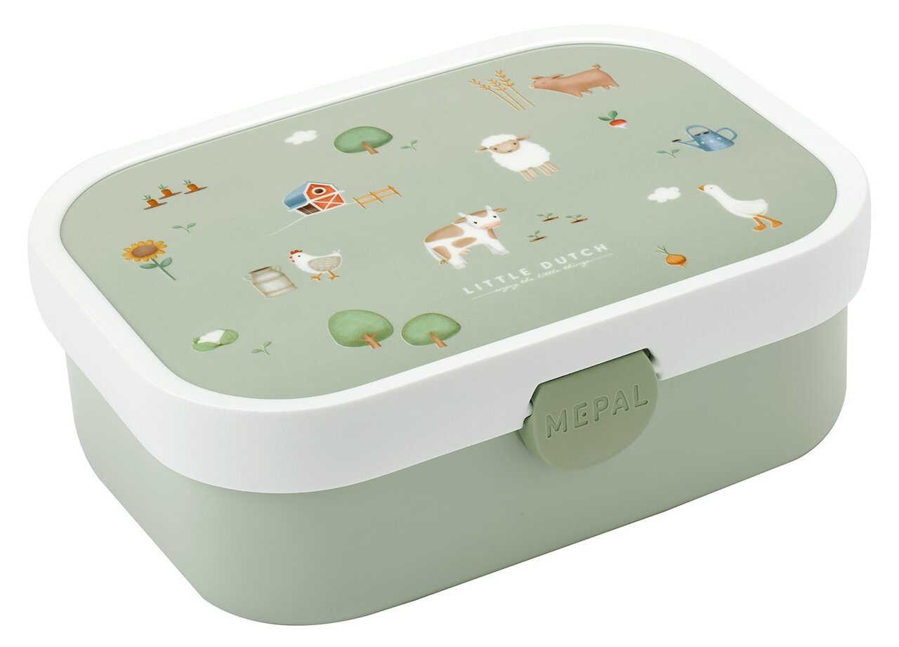 Lunchbox mit Bauernhof-Motiven, seitliche Perspektive