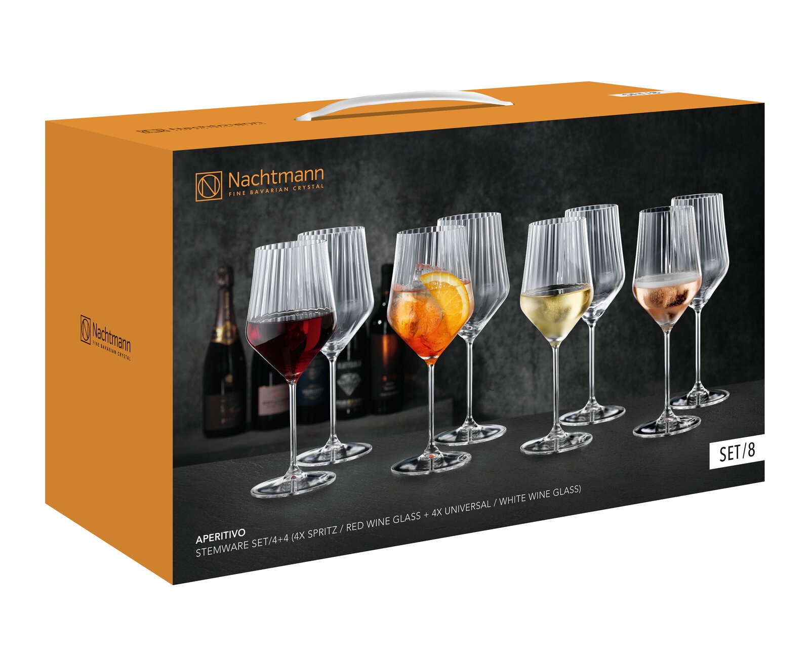 Nachtmann Aperitivo Stielgläser-Set (8-teilig) in orange-schwarzer Geschenkbox mit abgebildeten Gläsern für Spritz, Rot- und Weißwein, schräg von vorn links fotografiert