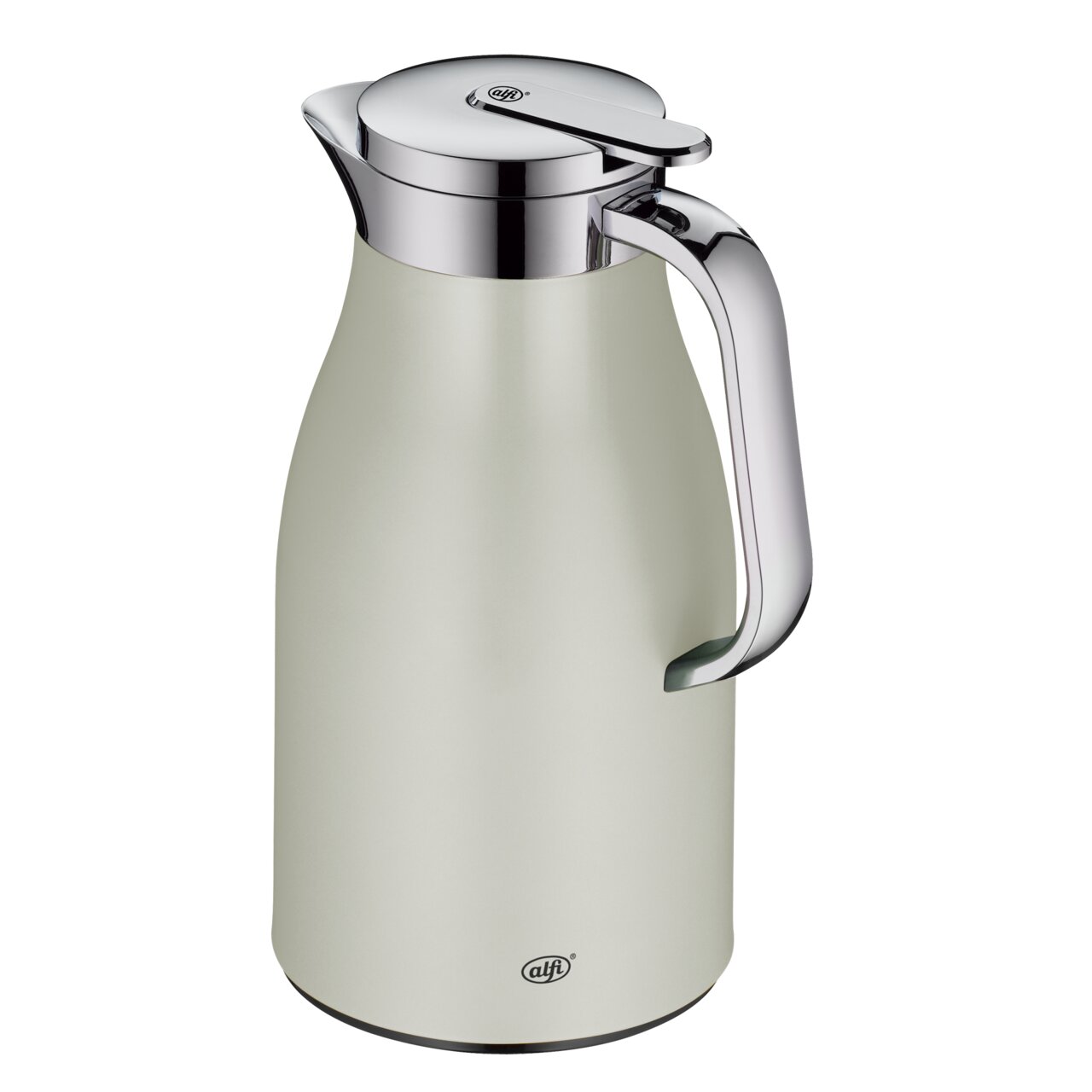 Alfi Isolierkanne 1,0l SKYLINE Silberne Thermoskanne SKYLINE mit glänzendem Deckel und Griff, seitliche Perspektive