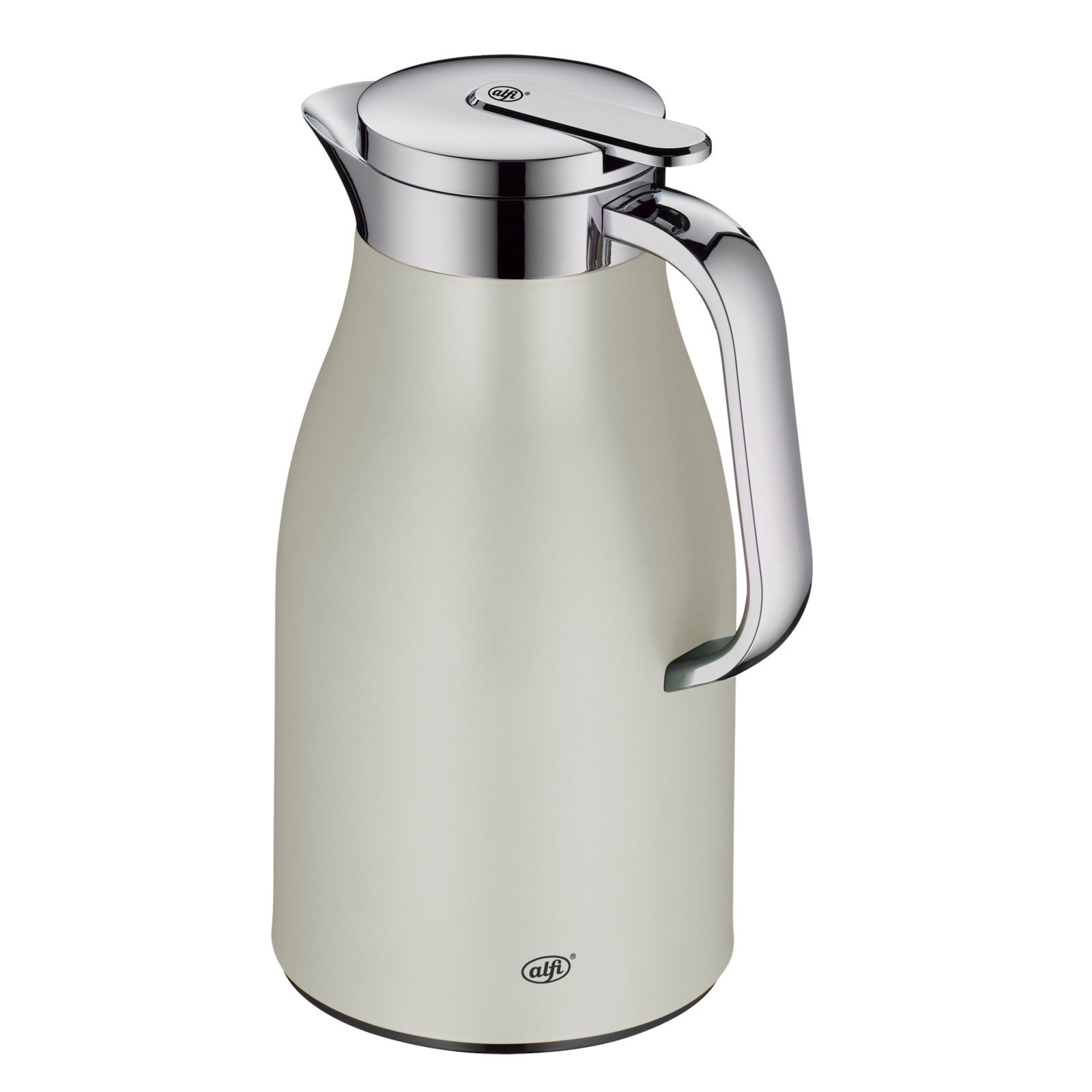 Alfi Isolierkanne 1,0l SKYLINE Silberne Thermoskanne SKYLINE mit glänzendem Deckel und Griff, seitliche Perspektive