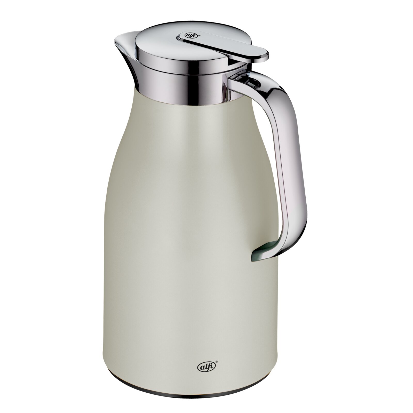 Alfi Isolierkanne 1,0l SKYLINE Silberne Thermoskanne SKYLINE mit glänzendem Deckel und Griff, seitliche Perspektive