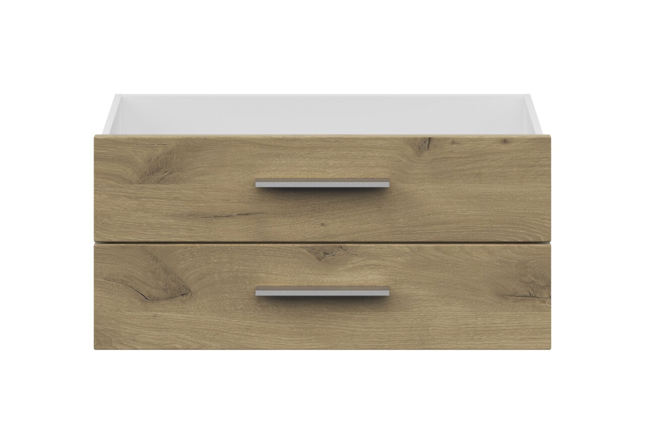 Frontansicht eines breiten Schubladen-Sets mit zwei Schubladen in Holzoptik und modernen Griffen.