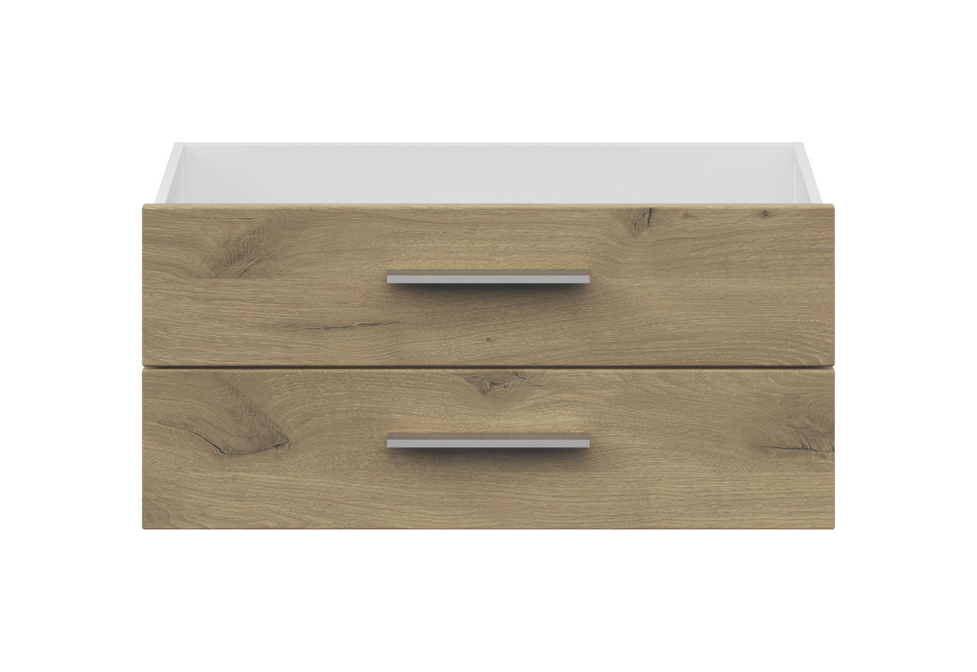 Frontansicht eines breiten Schubladen-Sets mit zwei Schubladen in Holzoptik und modernen Griffen.