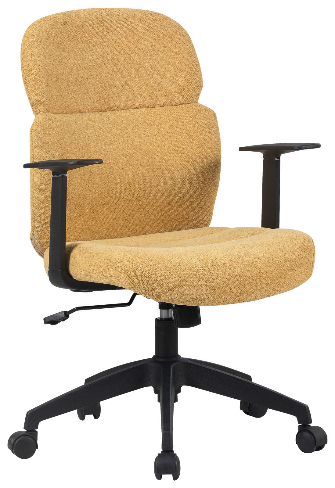 Gelber Drehstuhl mit Armlehnen, seitliche Perspektive